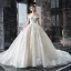 Luxury / Gorgeous Champagne Wedding Dresses 2019 Ball Gown Off-The-Shoulder Short Sleeve Backless Appliques Lace Sequins Beading Pearl Glitter Tulle Cathedral Train Ruffle