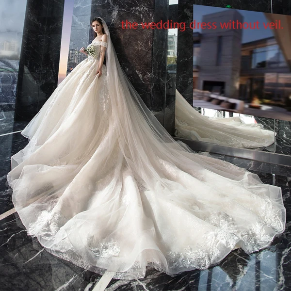 Luxury / Gorgeous Champagne Wedding Dresses 2019 Ball Gown Off-The-Shoulder Short Sleeve Backless Appliques Lace Sequins Beading Pearl Glitter Tulle Cathedral Train Ruffle