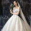 Luxury / Gorgeous Champagne Wedding Dresses 2019 Ball Gown Off-The-Shoulder Short Sleeve Backless Appliques Lace Sequins Beading Pearl Glitter Tulle Cathedral Train Ruffle