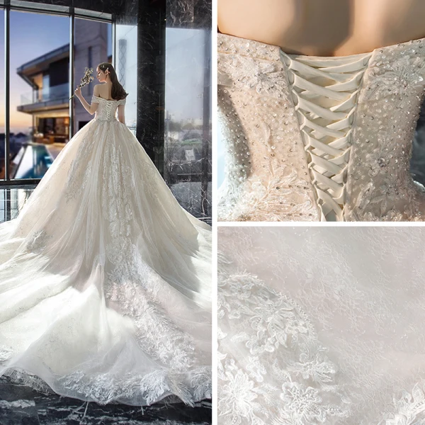 Luxury / Gorgeous Champagne Wedding Dresses 2019 Ball Gown Off-The-Shoulder Short Sleeve Backless Appliques Lace Sequins Beading Pearl Glitter Tulle Cathedral Train Ruffle