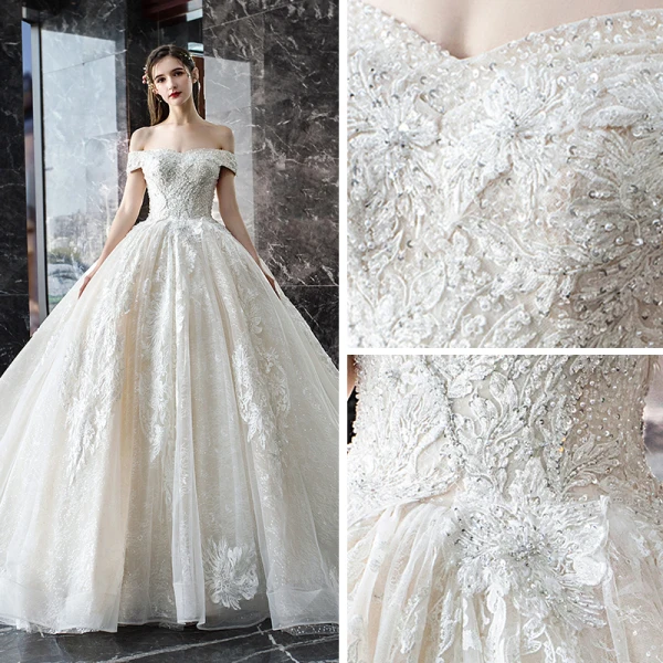Luxury / Gorgeous Champagne Wedding Dresses 2019 Ball Gown Off-The-Shoulder Short Sleeve Backless Appliques Lace Sequins Beading Pearl Glitter Tulle Cathedral Train Ruffle