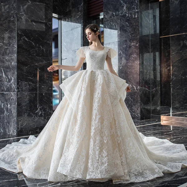 Vintage / Retro Champagne Wedding Dresses 2019 Ball Gown Square Neckline Short Sleeve Backless Glitter Appliques Lace Cathedral Train Ruffle