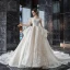 Vintage / Retro Champagne Wedding Dresses 2019 Ball Gown Square Neckline Short Sleeve Backless Glitter Appliques Lace Cathedral Train Ruffle