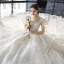 Vintage / Retro Champagne Wedding Dresses 2019 Ball Gown Square Neckline Short Sleeve Backless Glitter Appliques Lace Cathedral Train Ruffle