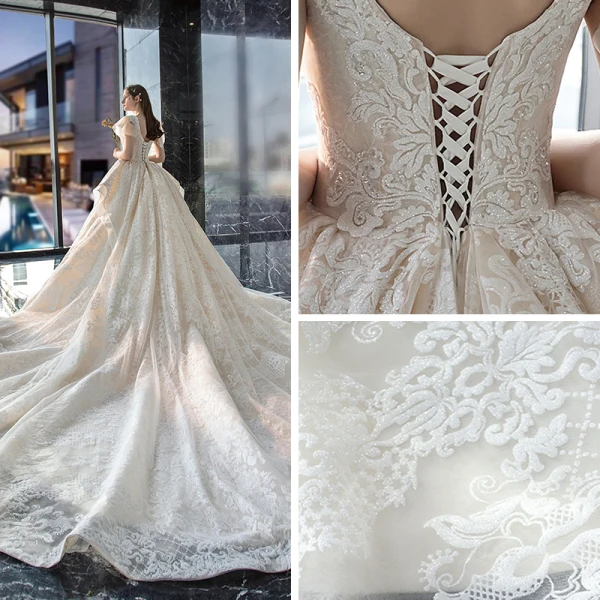 Vintage / Retro Champagne Wedding Dresses 2019 Ball Gown Square Neckline Short Sleeve Backless Glitter Appliques Lace Cathedral Train Ruffle
