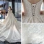 Vintage / Retro Champagne Wedding Dresses 2019 Ball Gown Square Neckline Short Sleeve Backless Glitter Appliques Lace Cathedral Train Ruffle