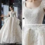 Vintage / Retro Champagne Wedding Dresses 2019 Ball Gown Square Neckline Short Sleeve Backless Glitter Appliques Lace Cathedral Train Ruffle