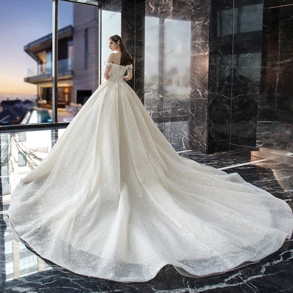 Bling Bling Champagne Wedding Dresses 2019 A-Line / Princess Off-The-Shoulder Short Sleeve Backless Appliques Lace Sequins Beading Glitter Tulle Cathedral Train Ruffle