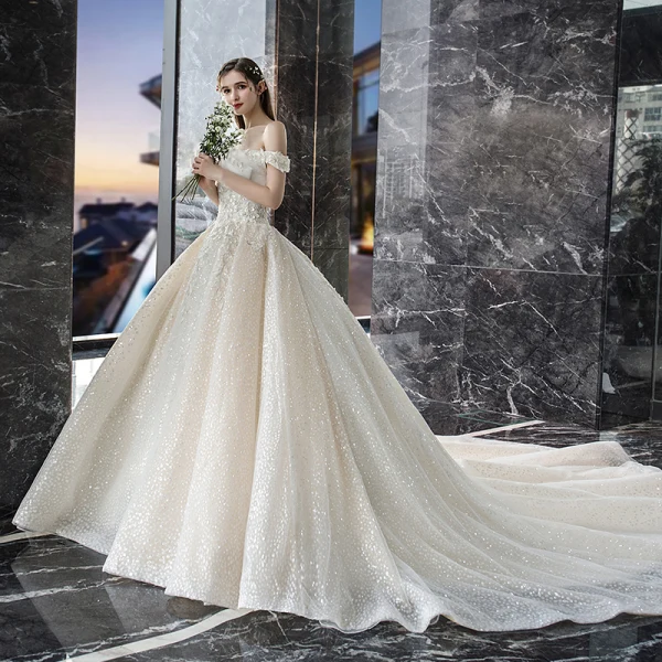 Bling Bling Champagne Wedding Dresses 2019 A-Line / Princess Off-The-Shoulder Short Sleeve Backless Appliques Lace Sequins Beading Glitter Tulle Cathedral Train Ruffle