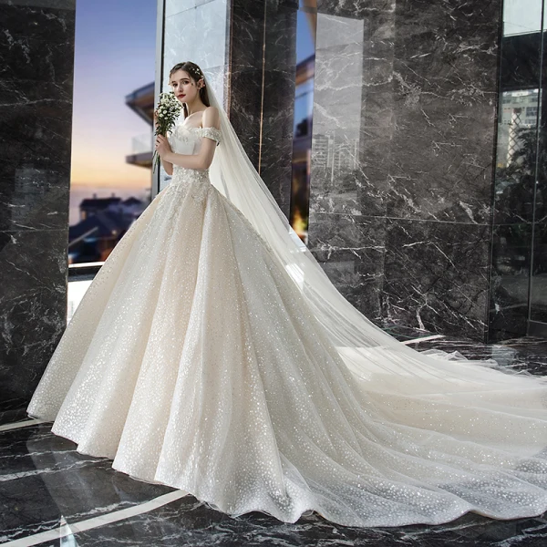 Bling Bling Champagne Wedding Dresses 2019 A-Line / Princess Off-The-Shoulder Short Sleeve Backless Appliques Lace Sequins Beading Glitter Tulle Cathedral Train Ruffle