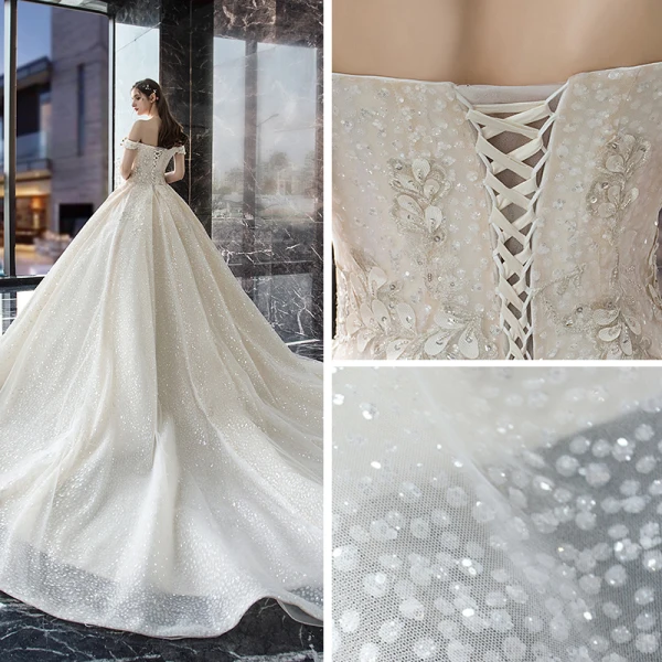 Bling Bling Champagne Wedding Dresses 2019 A-Line / Princess Off-The-Shoulder Short Sleeve Backless Appliques Lace Sequins Beading Glitter Tulle Cathedral Train Ruffle