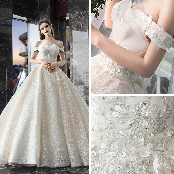 Bling Bling Champagne Wedding Dresses 2019 A-Line / Princess Off-The-Shoulder Short Sleeve Backless Appliques Lace Sequins Beading Glitter Tulle Cathedral Train Ruffle