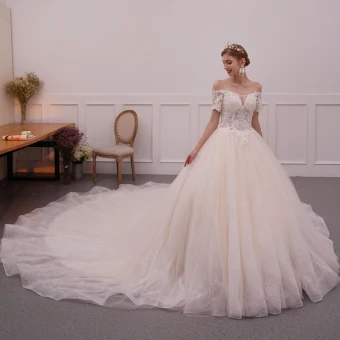 Elegant Champagne Wedding Dresses 2019 A Line Princess Off The Shoulder Short Sleeve Backless Appliques Pierced Lace Beading Glitter Tulle Cathedral Train Ruffle