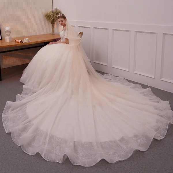 Elegant Champagne Wedding Dresses 2019 A-Line / Princess Off-The-Shoulder Short Sleeve Backless Appliques Pierced Lace Beading Glitter Tulle Cathedral Train Ruffle