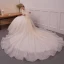 Elegant Champagne Wedding Dresses 2019 A-Line / Princess Off-The-Shoulder Short Sleeve Backless Appliques Pierced Lace Beading Glitter Tulle Cathedral Train Ruffle