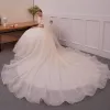 Elegant Champagne Wedding Dresses 2019 A-Line / Princess Off-The-Shoulder Short Sleeve Backless Appliques Pierced Lace Beading Glitter Tulle Cathedral Train Ruffle