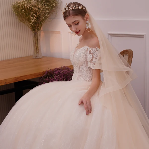 Elegant Champagne Wedding Dresses 2019 A-Line / Princess Off-The-Shoulder Short Sleeve Backless Appliques Pierced Lace Beading Glitter Tulle Cathedral Train Ruffle