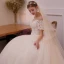 Elegant Champagne Wedding Dresses 2019 A-Line / Princess Off-The-Shoulder Short Sleeve Backless Appliques Pierced Lace Beading Glitter Tulle Cathedral Train Ruffle