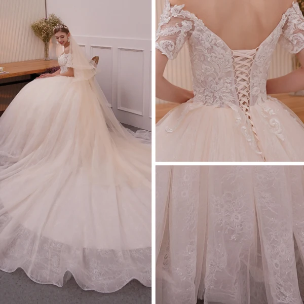 Elegant Champagne Wedding Dresses 2019 A-Line / Princess Off-The-Shoulder Short Sleeve Backless Appliques Pierced Lace Beading Glitter Tulle Cathedral Train Ruffle