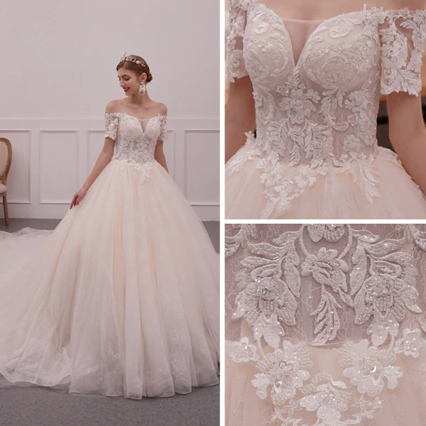 Elegant Champagne Wedding Dresses 2019 A-Line / Princess Off-The-Shoulder Short Sleeve Backless Appliques Pierced Lace Beading Glitter Tulle Cathedral Train Ruffle