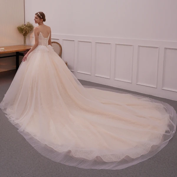 Best Champagne Wedding Dresses 2019 Ball Gown Spaghetti Straps Sleeveless Backless Appliques Lace Cathedral Train Ruffle