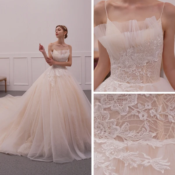 Best Champagne Wedding Dresses 2019 Ball Gown Spaghetti Straps Sleeveless Backless Appliques Lace Cathedral Train Ruffle