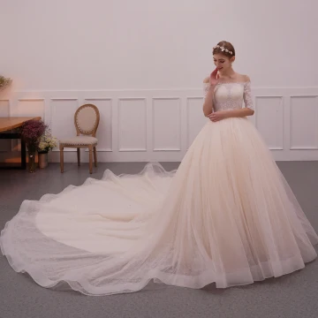 Chic Beautiful Champagne Wedding Dresses 2019 A Line Princess Off The Shoulder 1 2 Sleeves Backless Appliques Lace Cathedral Train Ruffle
