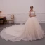 Chic / Beautiful Champagne Wedding Dresses 2019 A-Line / Princess Off-The-Shoulder 1/2 Sleeves Backless Appliques Lace Cathedral Train Ruffle