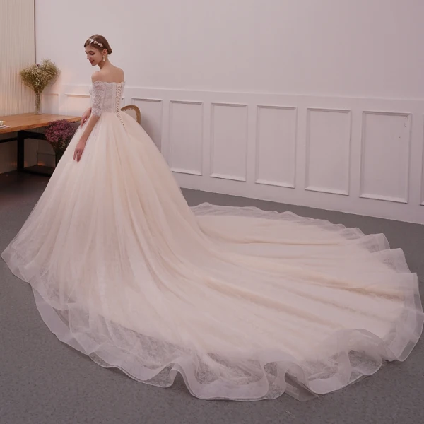 Chic / Beautiful Champagne Wedding Dresses 2019 A-Line / Princess Off-The-Shoulder 1/2 Sleeves Backless Appliques Lace Cathedral Train Ruffle