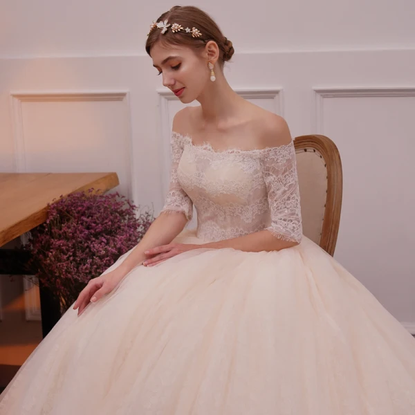 Chic / Beautiful Champagne Wedding Dresses 2019 A-Line / Princess Off-The-Shoulder 1/2 Sleeves Backless Appliques Lace Cathedral Train Ruffle