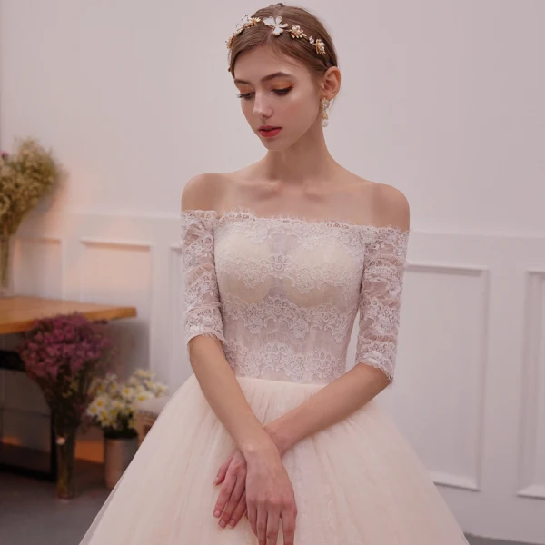 Chic / Beautiful Champagne Wedding Dresses 2019 A-Line / Princess Off-The-Shoulder 1/2 Sleeves Backless Appliques Lace Cathedral Train Ruffle