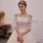 Chic / Beautiful Champagne Wedding Dresses 2019 A-Line / Princess Off-The-Shoulder 1/2 Sleeves Backless Appliques Lace Cathedral Train Ruffle