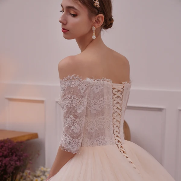 Chic / Beautiful Champagne Wedding Dresses 2019 A-Line / Princess Off-The-Shoulder 1/2 Sleeves Backless Appliques Lace Cathedral Train Ruffle