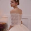 Chic / Beautiful Champagne Wedding Dresses 2019 A-Line / Princess Off-The-Shoulder 1/2 Sleeves Backless Appliques Lace Cathedral Train Ruffle