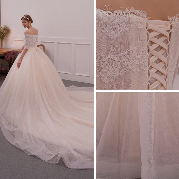 Chic / Beautiful Champagne Wedding Dresses 2019 A-Line / Princess Off-The-Shoulder 1/2 Sleeves Backless Appliques Lace Cathedral Train Ruffle