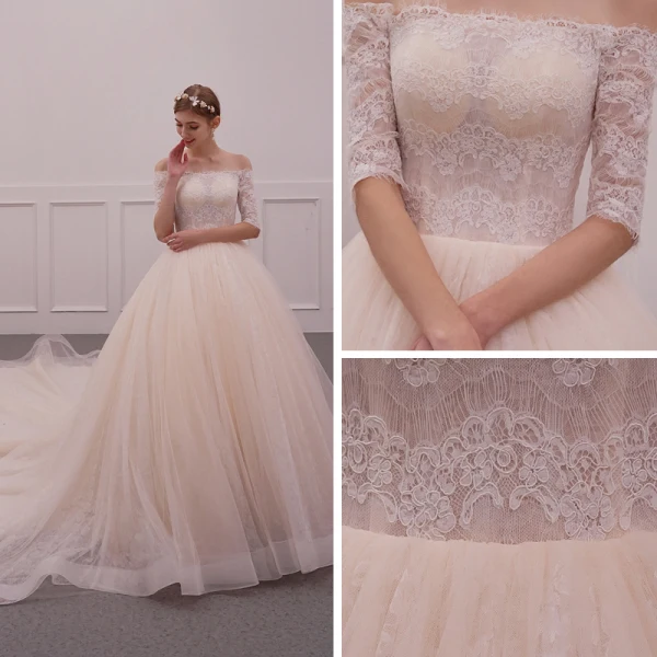 Chic / Beautiful Champagne Wedding Dresses 2019 A-Line / Princess Off-The-Shoulder 1/2 Sleeves Backless Appliques Lace Cathedral Train Ruffle