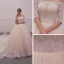 Chic / Beautiful Champagne Wedding Dresses 2019 A-Line / Princess Off-The-Shoulder 1/2 Sleeves Backless Appliques Lace Cathedral Train Ruffle