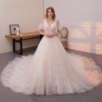 Best Champagne Wedding Dresses 2019 A Line Princess Deep V Neck Short Sleeve Backless Appliques Lace Beading Cathedral Train Ruffle