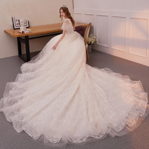 Best Champagne Wedding Dresses 2019 A-Line / Princess Deep V-Neck Short Sleeve Backless Appliques Lace Beading Cathedral Train Ruffle