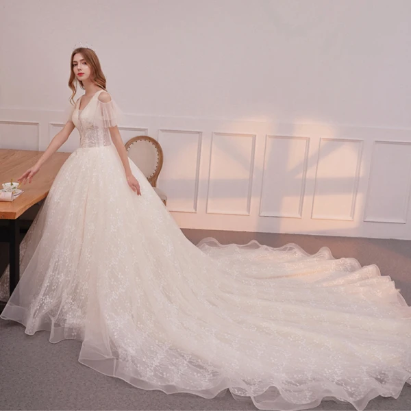 Best Champagne Wedding Dresses 2019 A-Line / Princess Deep V-Neck Short Sleeve Backless Appliques Lace Beading Cathedral Train Ruffle