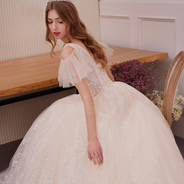 Best Champagne Wedding Dresses 2019 A-Line / Princess Deep V-Neck Short Sleeve Backless Appliques Lace Beading Cathedral Train Ruffle