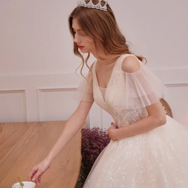 Best Champagne Wedding Dresses 2019 A-Line / Princess Deep V-Neck Short Sleeve Backless Appliques Lace Beading Cathedral Train Ruffle