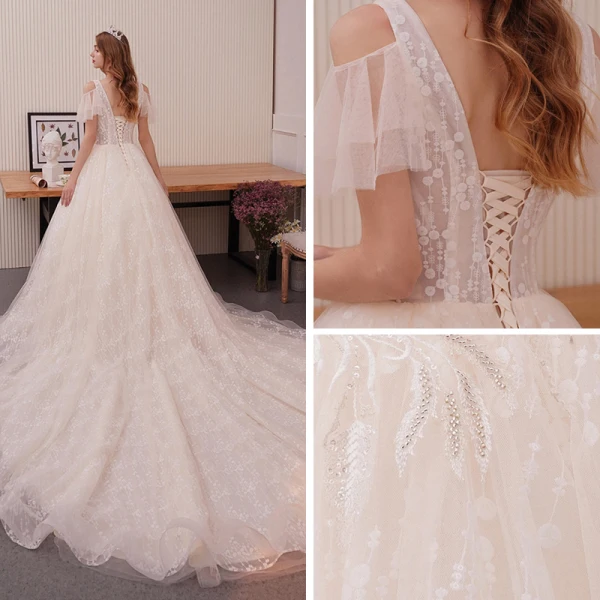 Best Champagne Wedding Dresses 2019 A-Line / Princess Deep V-Neck Short Sleeve Backless Appliques Lace Beading Cathedral Train Ruffle