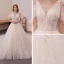 Best Champagne Wedding Dresses 2019 A-Line / Princess Deep V-Neck Short Sleeve Backless Appliques Lace Beading Cathedral Train Ruffle