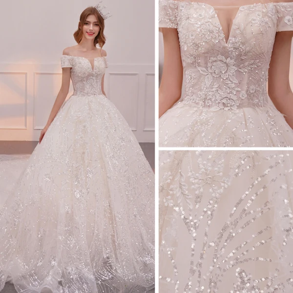 Bling Bling Champagne Robe De Mariée 2019 Princesse De l'épaule Manches Courtes Dos Nu Appliques En Dentelle Glitter Paillettes Cathedral Train Volants