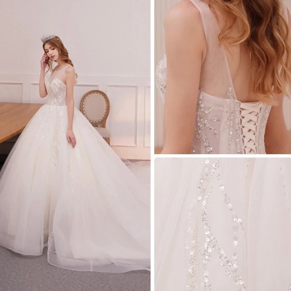 Bling Bling Ivory / Creme Durchsichtige Brautkleider / Hochzeitskleider 2019 A Linie Rundhalsausschnitt Ärmellos Rückenfreies Glanz Pailletten Kathedrale Schleppe Rüschen