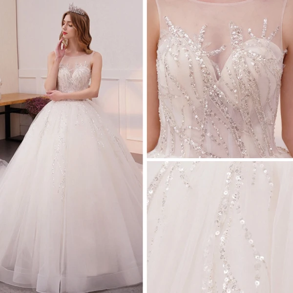 Bling Bling Ivory / Creme Durchsichtige Brautkleider / Hochzeitskleider 2019 A Linie Rundhalsausschnitt Ärmellos Rückenfreies Glanz Pailletten Kathedrale Schleppe Rüschen