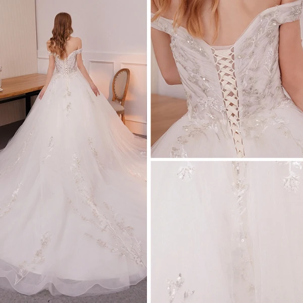 Schöne Ivory / Creme Brautkleider / Hochzeitskleider 2019 A Linie Off Shoulder Kurze Ärmel Rückenfreies Applikationen Spitze Glanz Pailletten Kathedrale Schleppe Rüschen