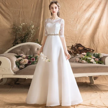 Modern Fashion Ivory Chiffon Outdoor Garden Wedding Dresses 2019 A Line Princess See Through Scoop Neck 1 2 Sleeves Backless Rhinestone Sash Floor Length Long Ruffle