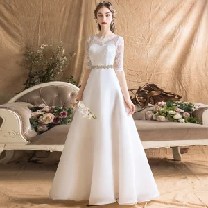 Stylowe Modne Kość Słoniowa Szyfon Ogród Outdoor Suknie Ślubne 2019 Princessa Przezroczyste Wycięciem 1 2 Rękawy Bez Pleców Rhinestone Szarfa Długie Wzburzyć